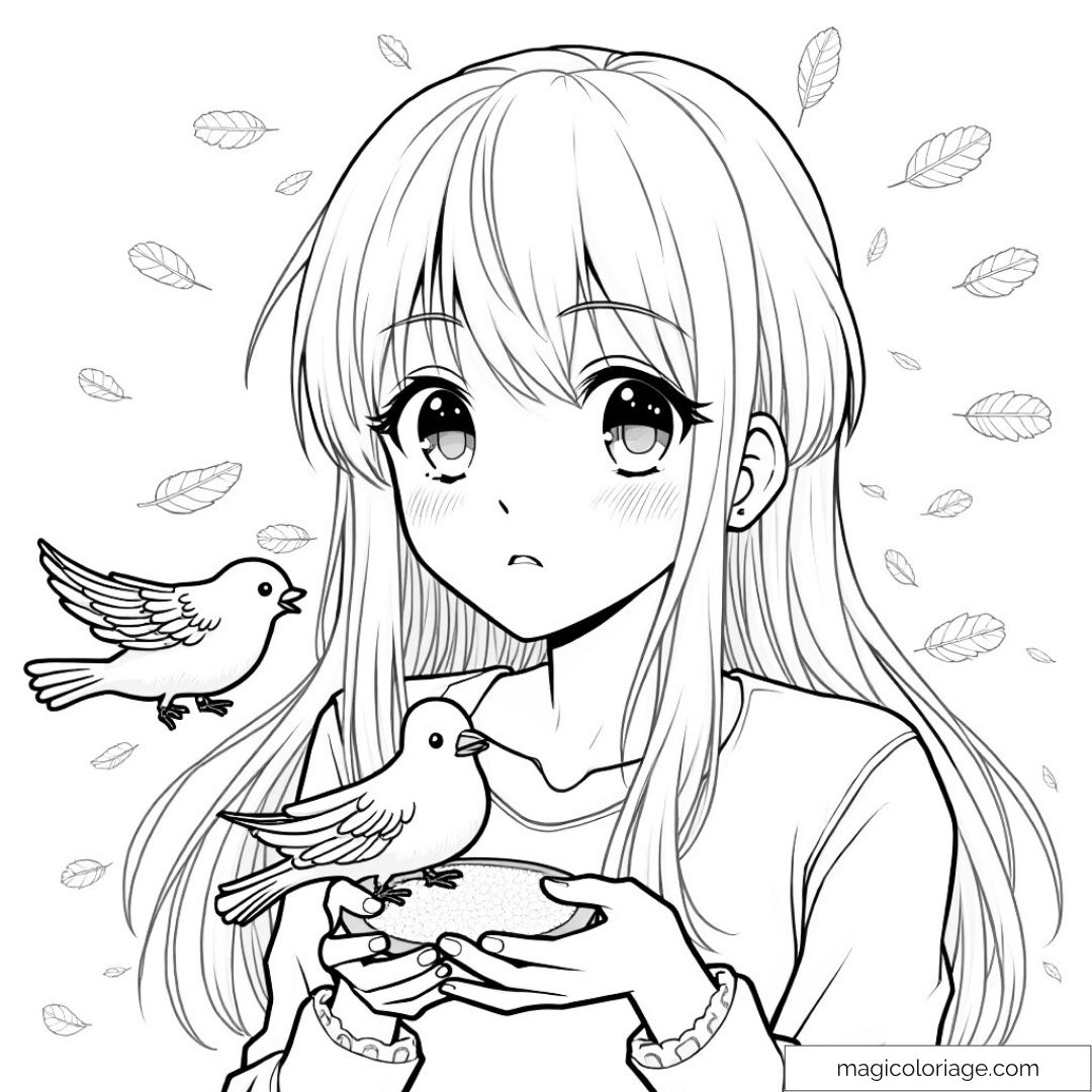 Dessin manga de fille avec oiseaux et feuilles volantes