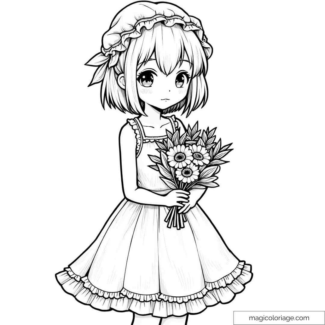 Fille en style manga tenant un bouquet de fleurs à colorier