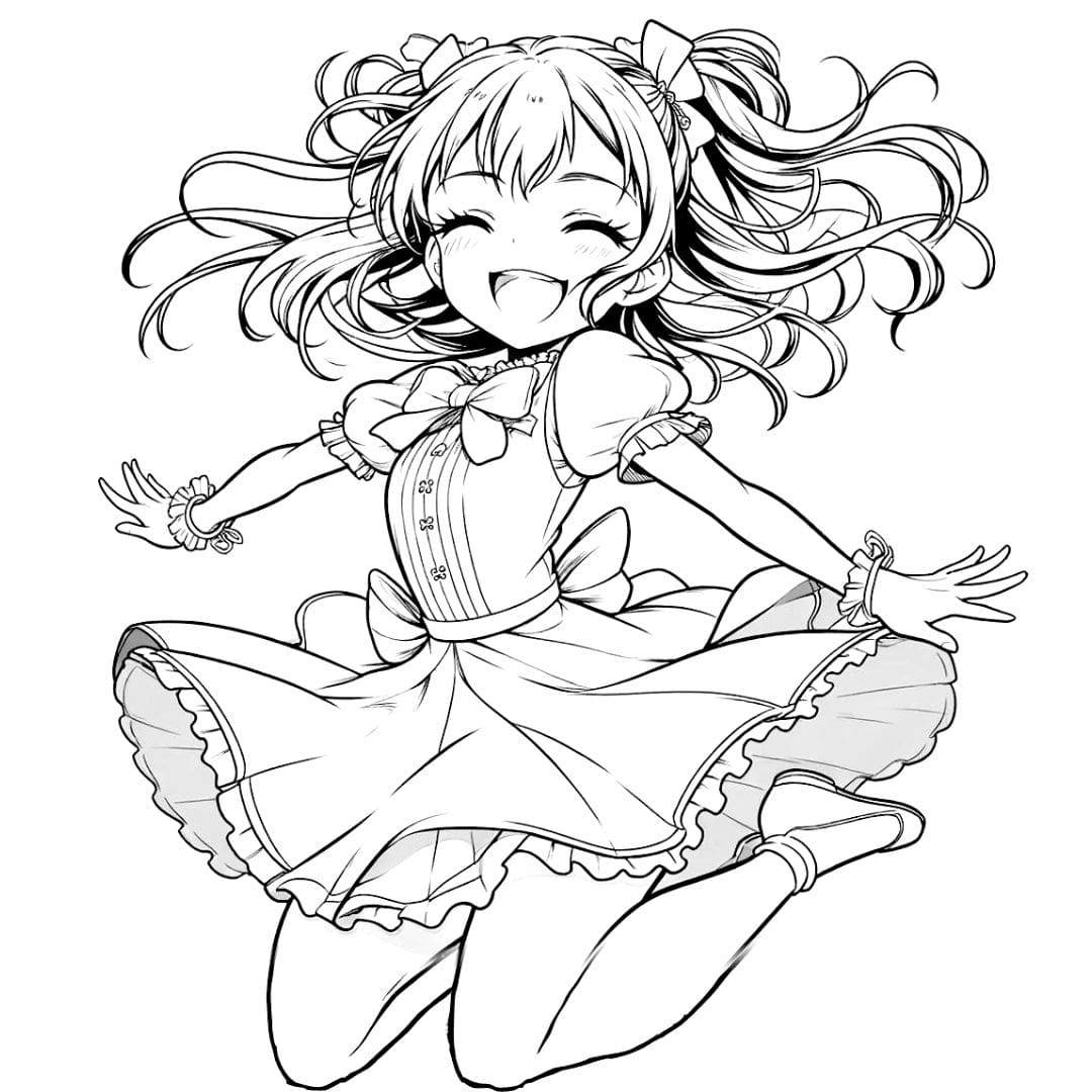 Coloriage manga fille dansant joyeusement pour enfants