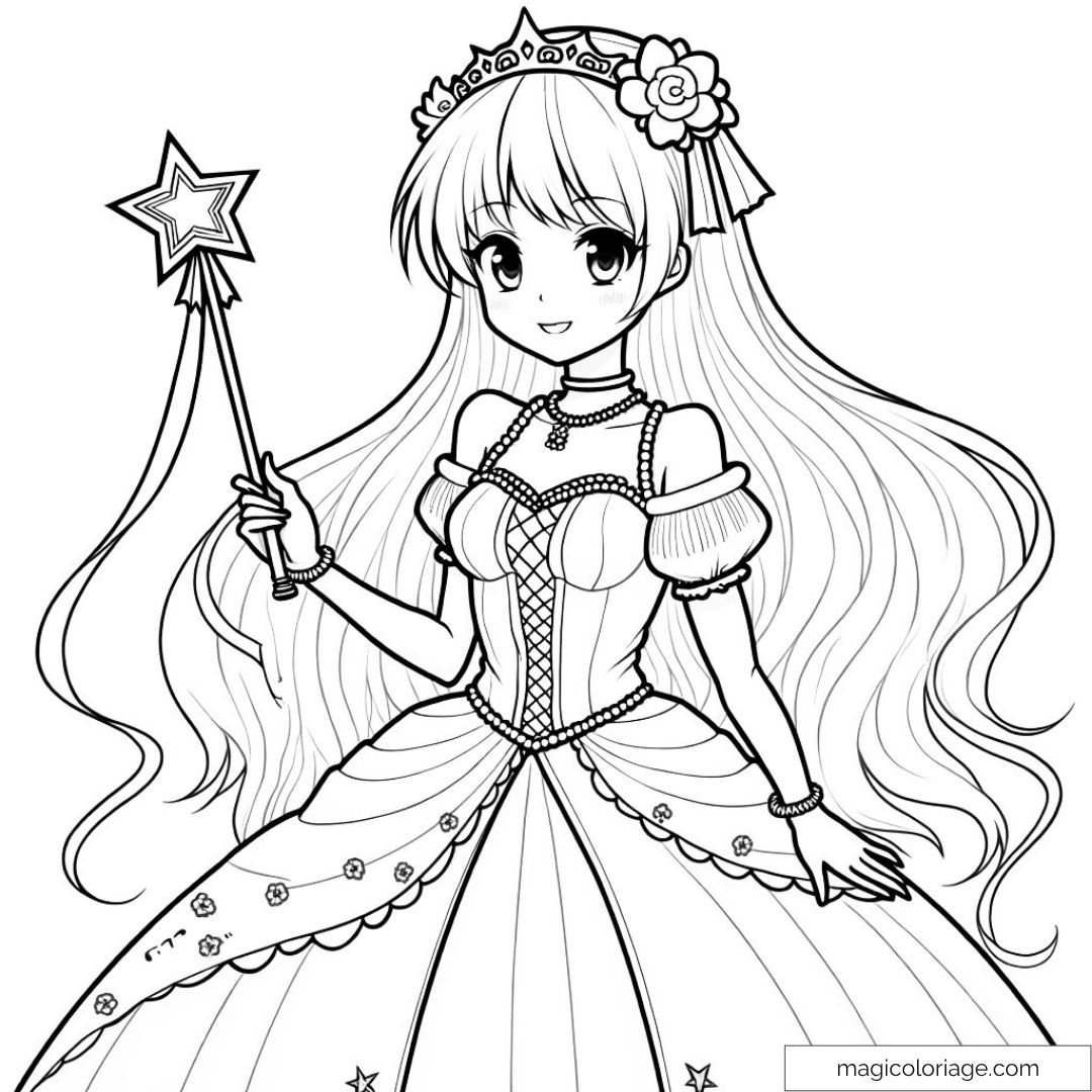 Princesse manga avec robe détaillée et baguette magique.