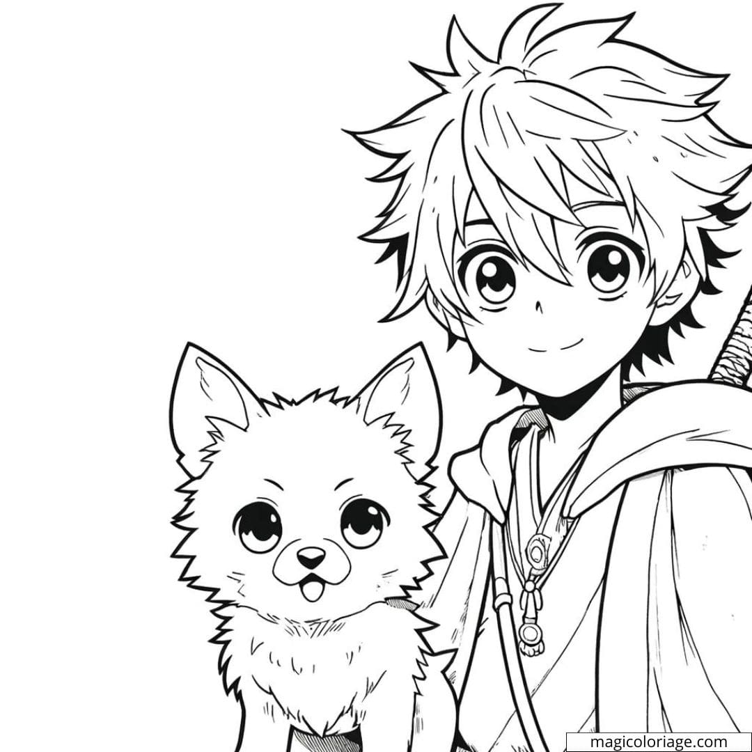 Coloriage Garçon Manga avec un Compagnon Animal