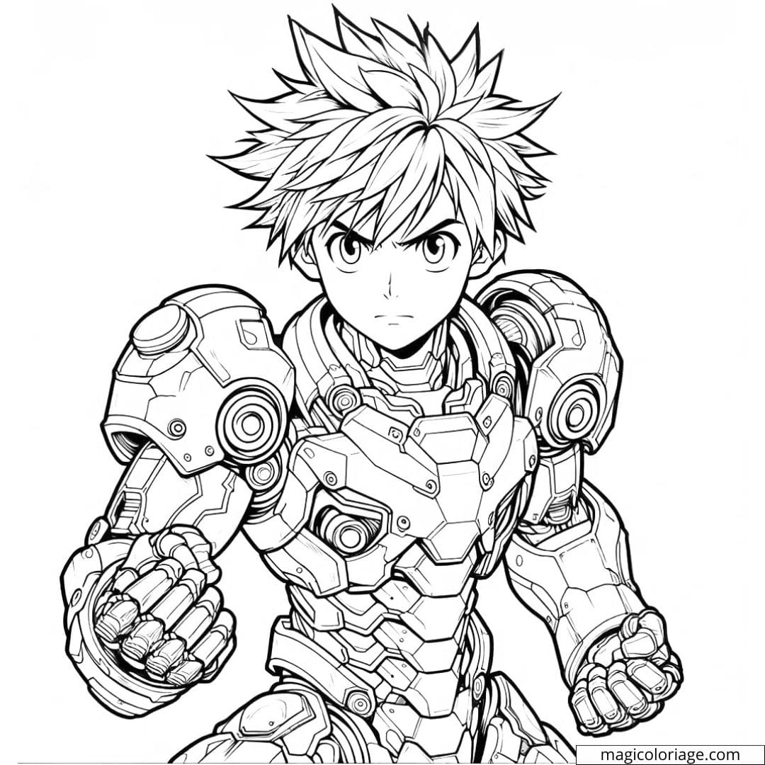 Coloriage Garçon Manga avec une Armure Robotique