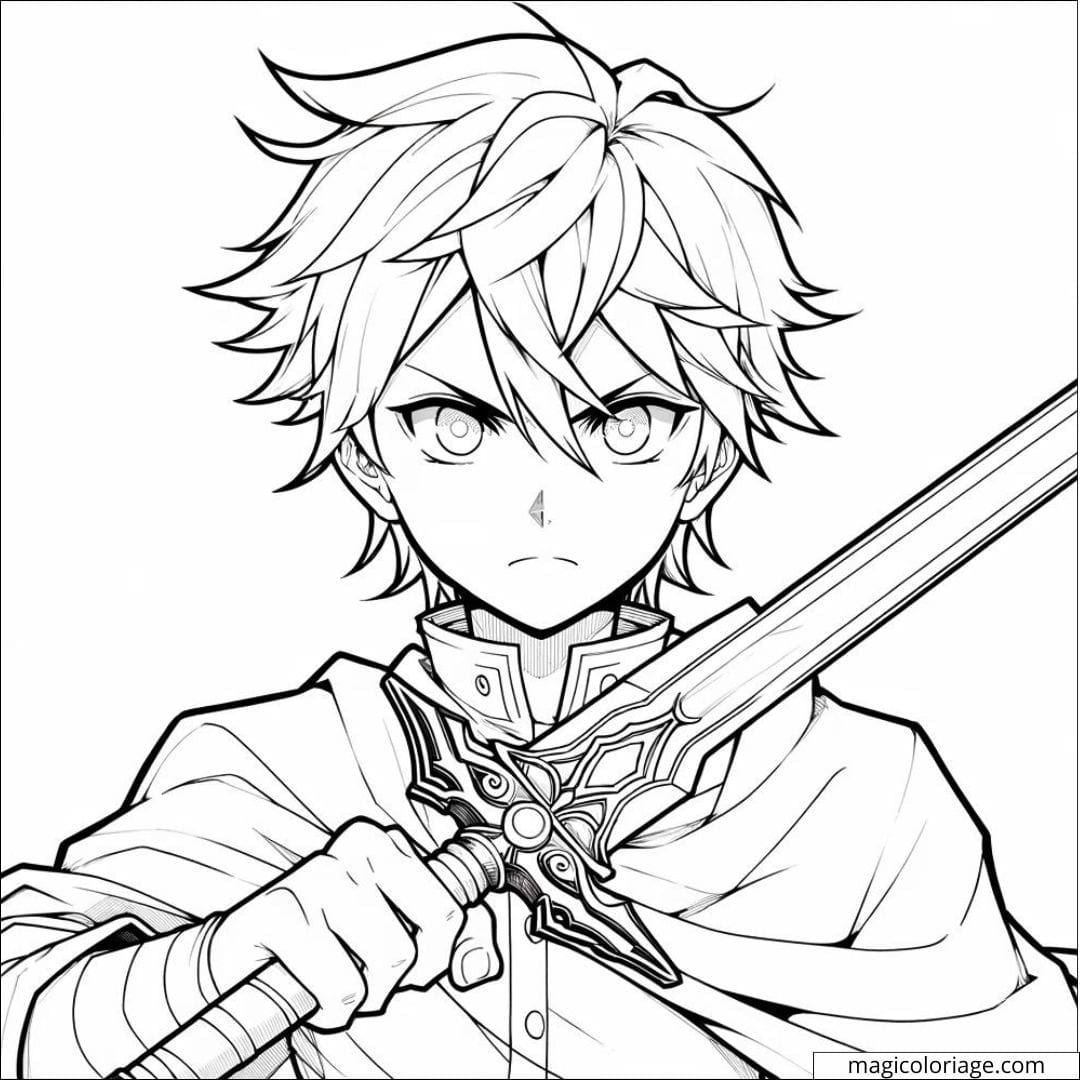 Coloriage Garçon Manga avec une Épée Magique