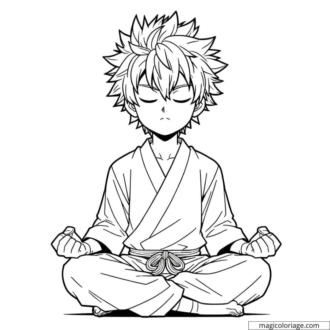 Coloriage Garçon Manga en Position de Méditation