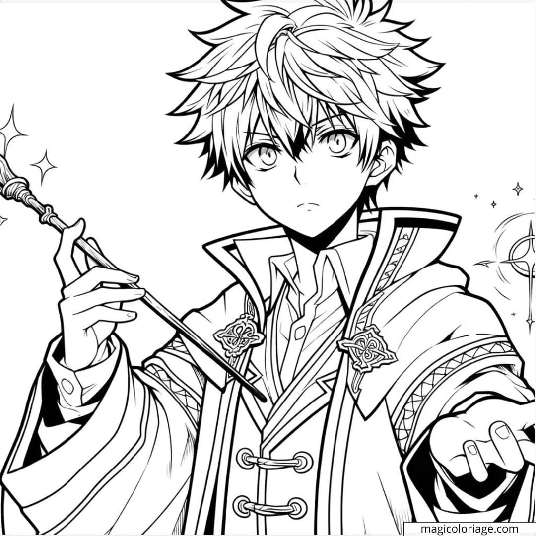 Coloriage Garçon Manga Magicien Lançant un Sort