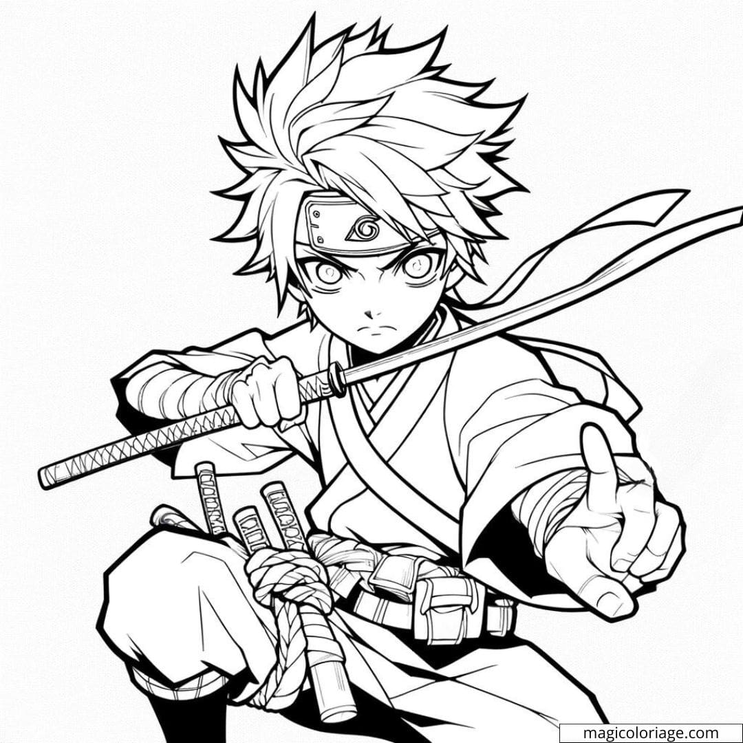 Coloriage Garçon Manga Ninja en Position de Combat