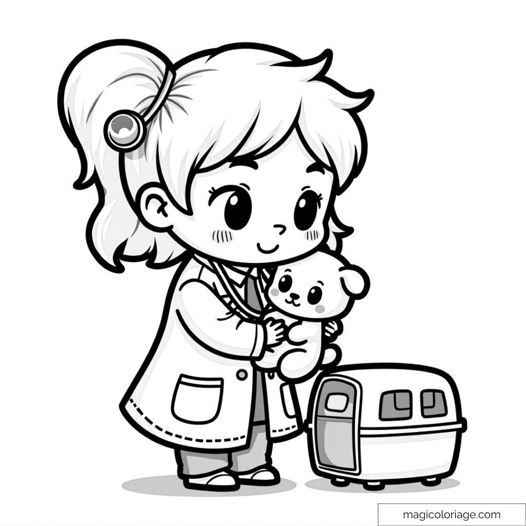 Dessin de Dr. La Peluche câlinant un ours en peluche avec un chariot derrière elle.