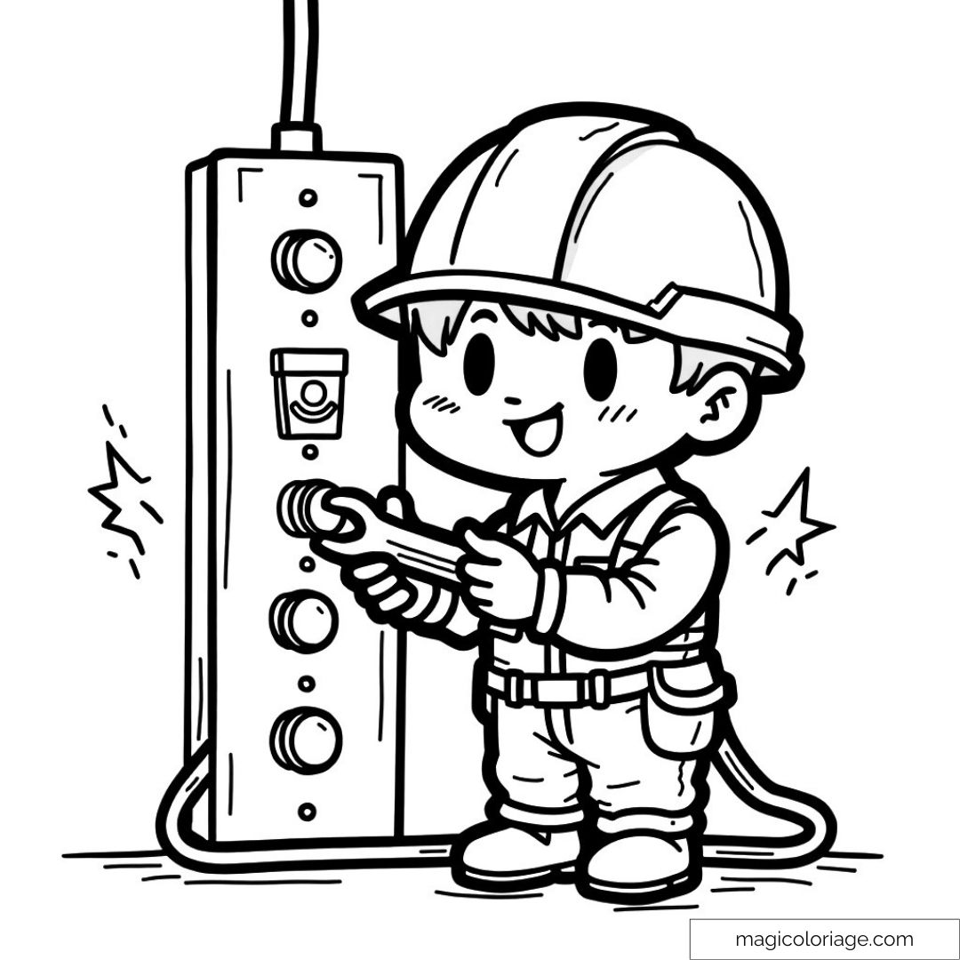 Dessin d'un enfant électricien avec casque et panneau électrique