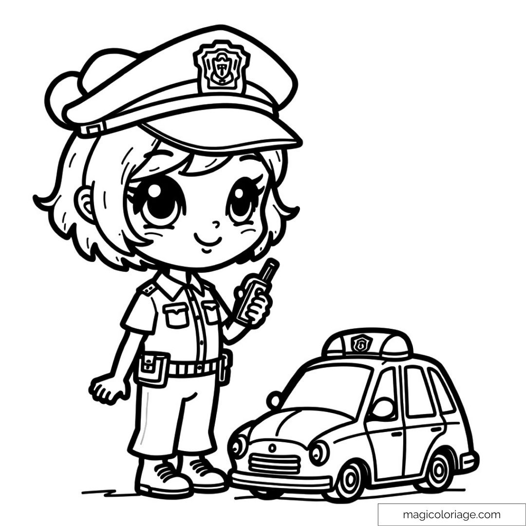 Enfant policier souriant avec voiture jouet à colorier