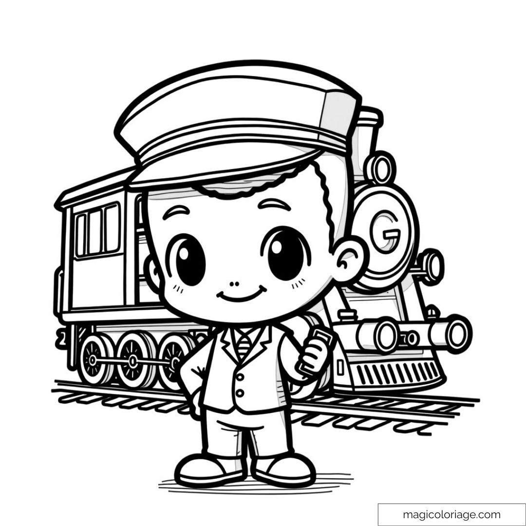 Coloriage d'un enfant conducteur de train souriant devant une locomotive.