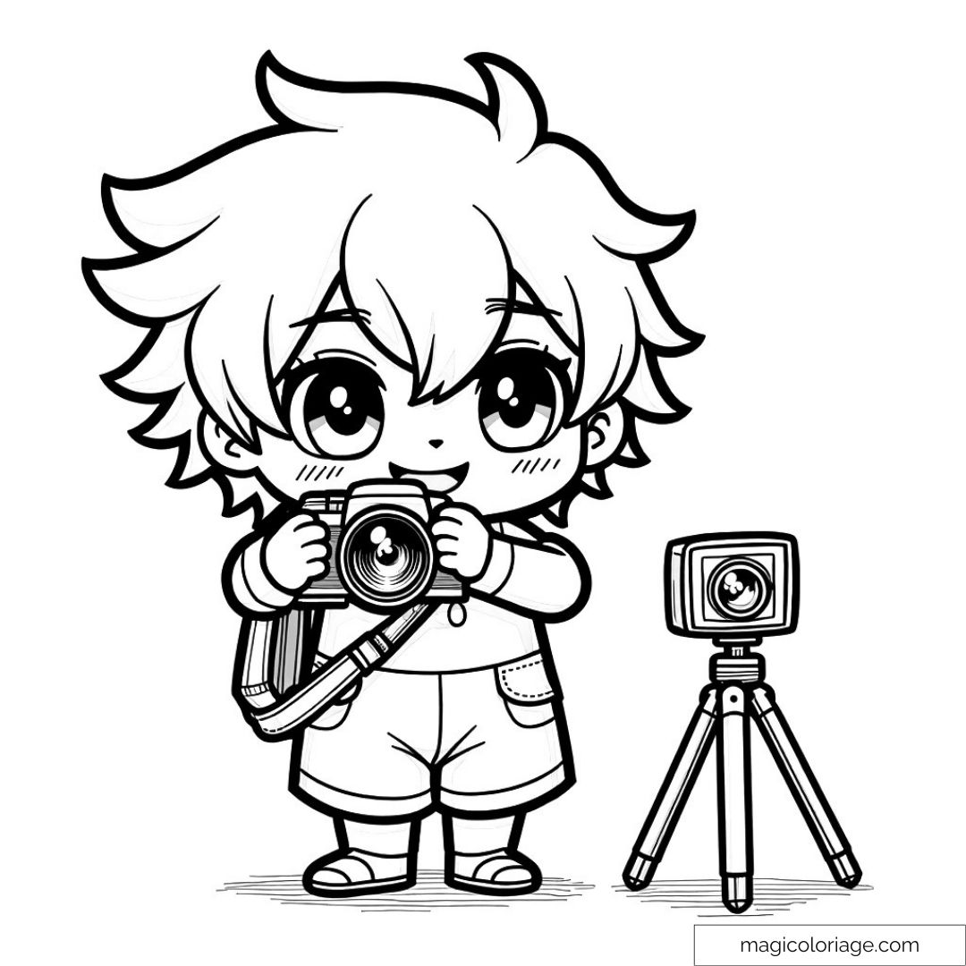 Dessin à colorier d'un enfant mignon avec appareil photo et trépied