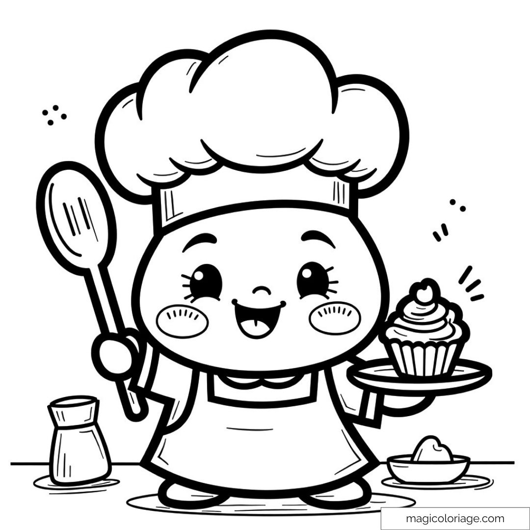 Dessin d'un petit chef joyeux avec un cupcake et une cuillère