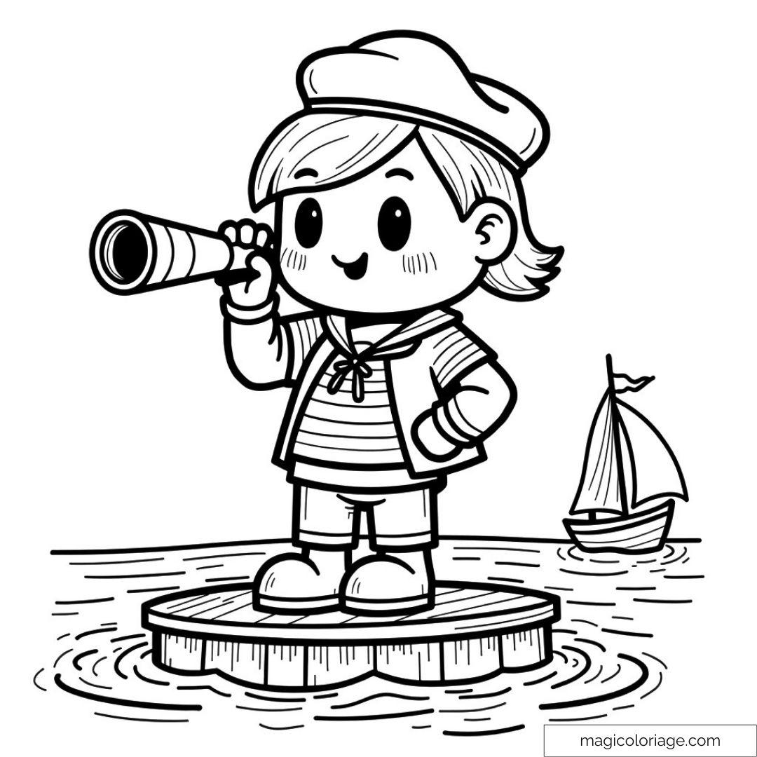 Dessin d'un petit marin sur la mer avec une longue-vue