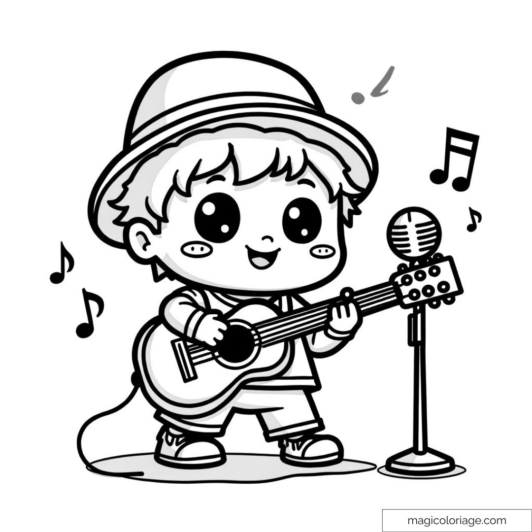 Dessin mignon enfant jouant de la guitare à colorier