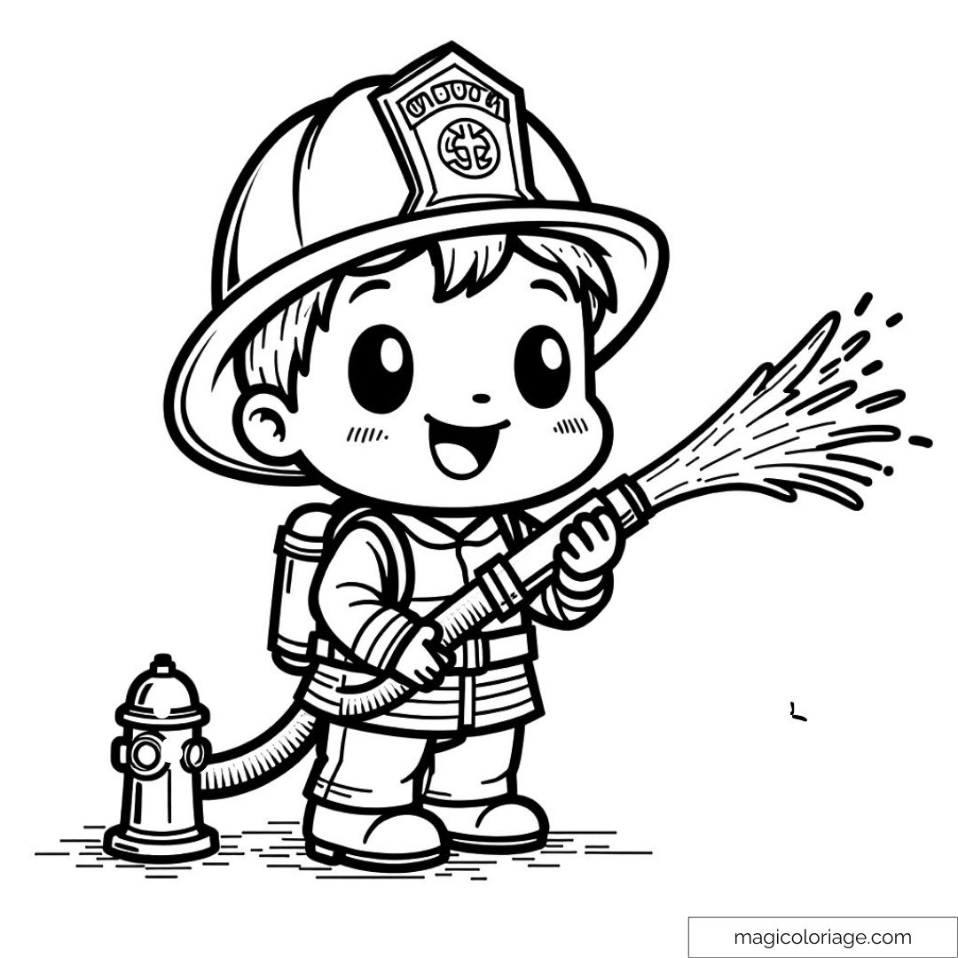 Dessin de pompier souriant tenant une lance à incendie