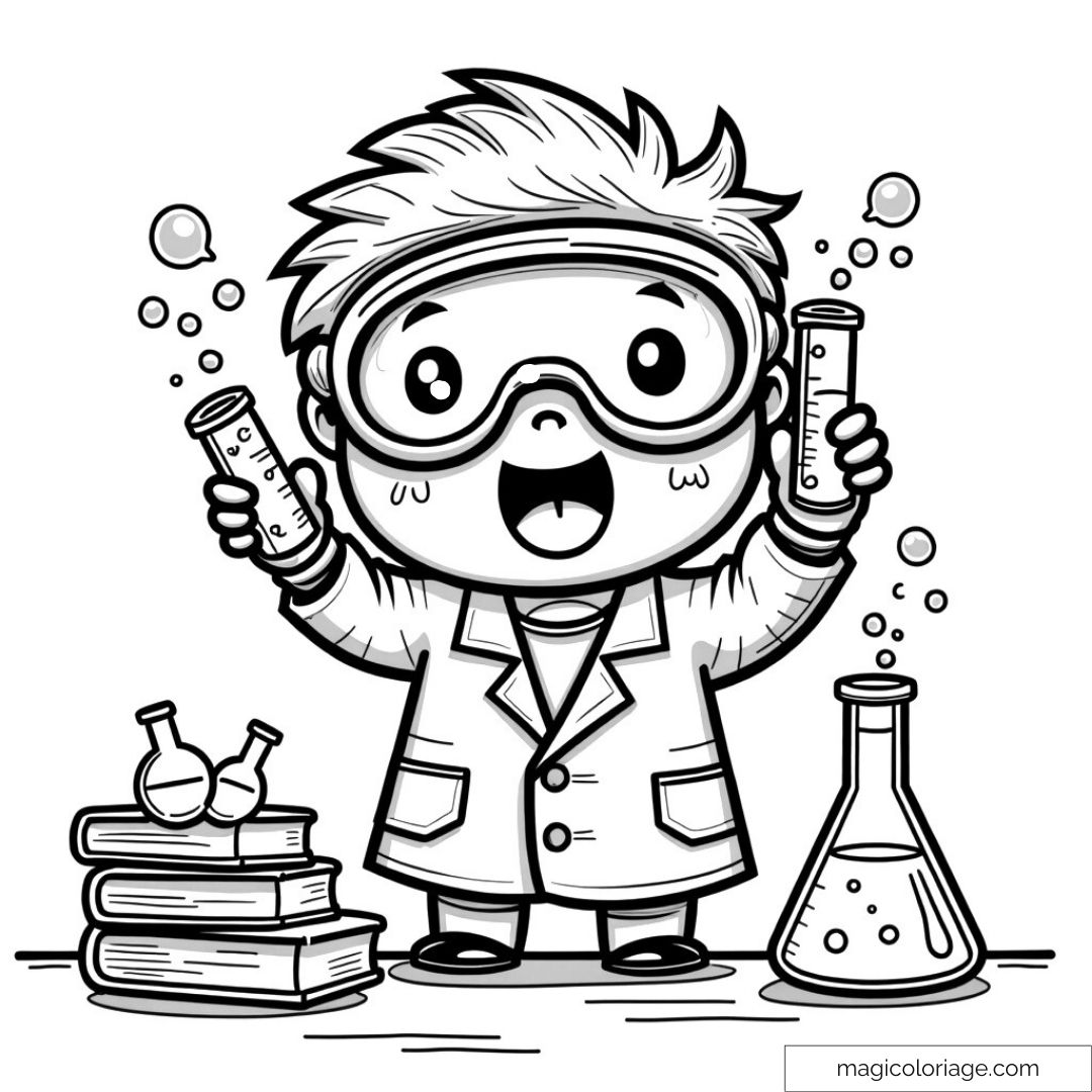 Dessin à colorier d’un enfant en blouse de laboratoire avec tubes à essai et livres.