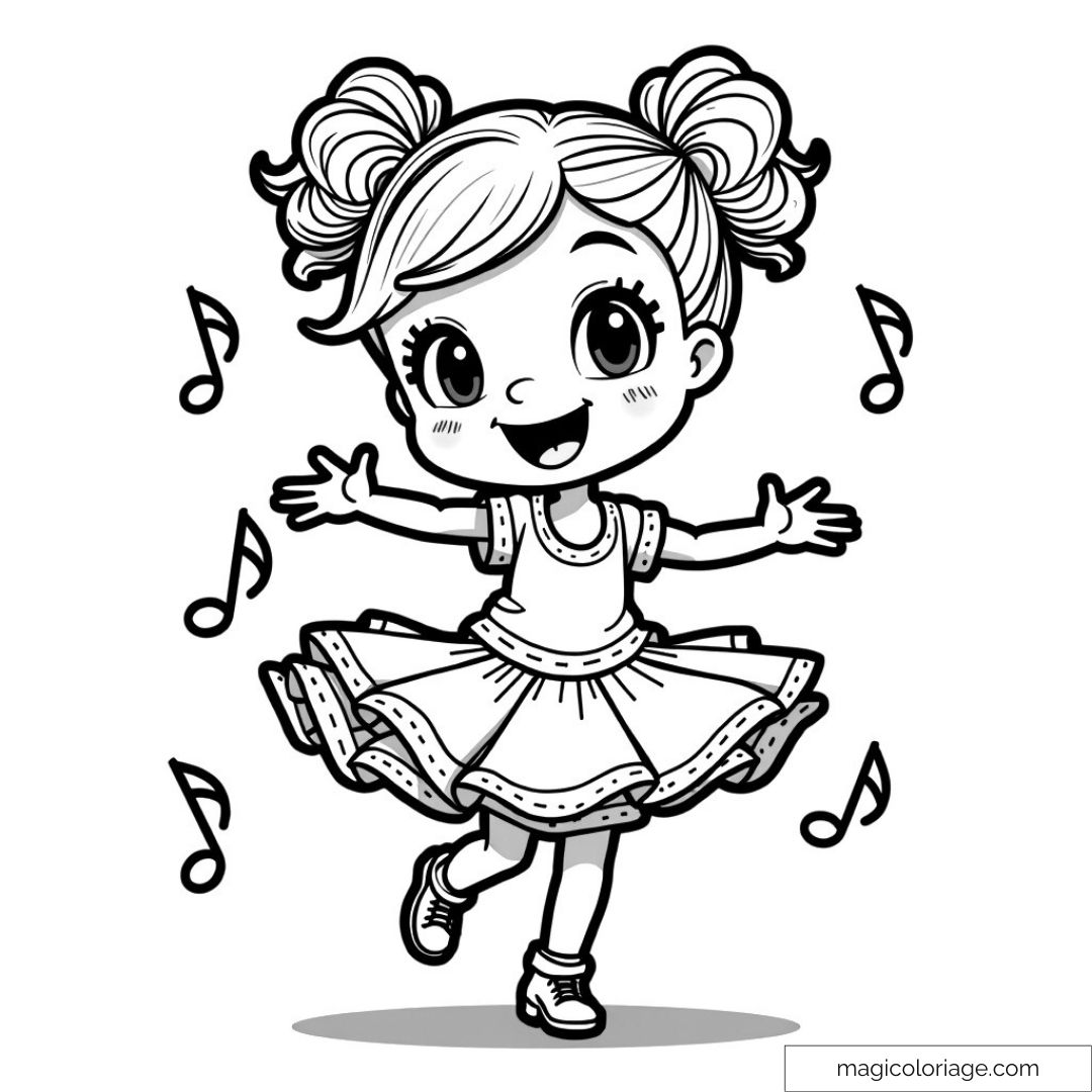 Dessin de petite fille dansant avec des notes de musique.