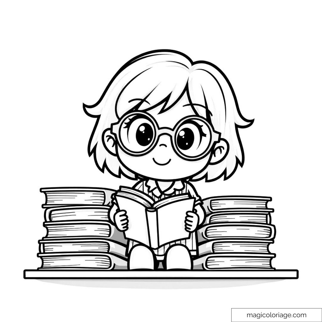 Dessin de fillette avec lunettes lisant au milieu de livres.