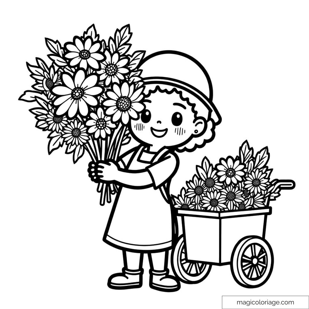 Dessin d’un enfant fleuriste avec bouquet et chariot de fleurs.