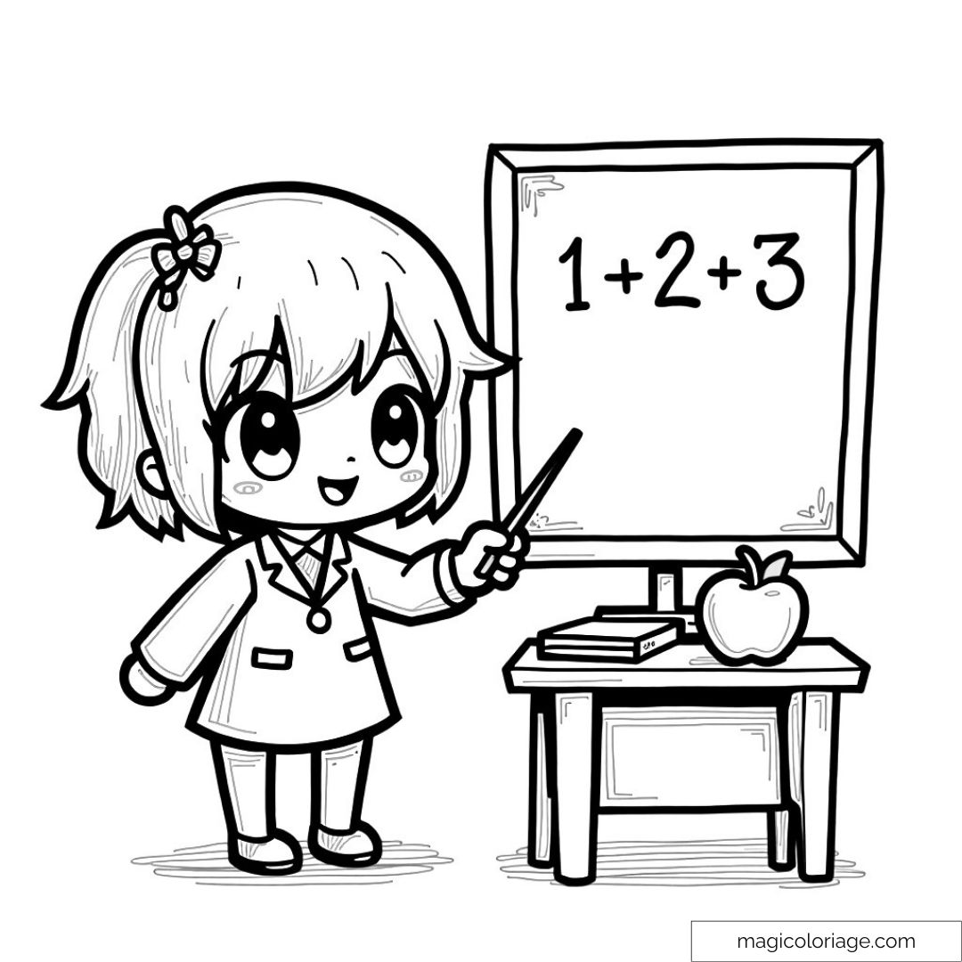 Professeur chibi mignon devant tableau avec livre et pomme