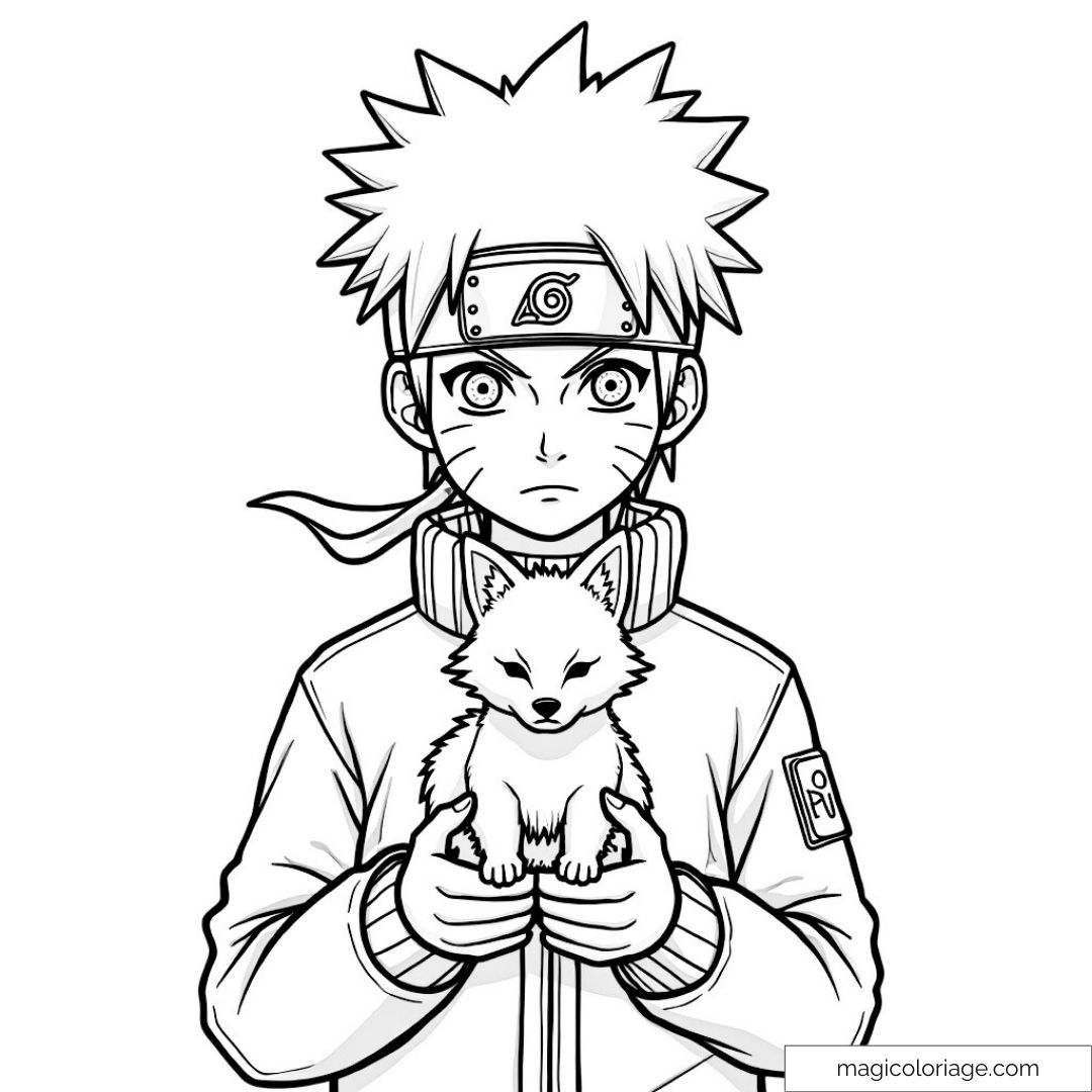 Dessin noir et blanc de Naruto tenant un renard