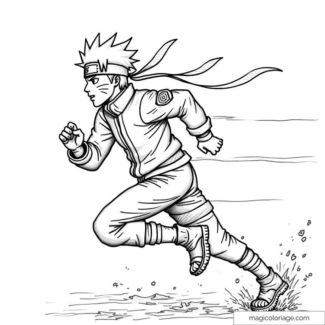 Naruto en plein mouvement avec tenue de ninja et écharpe flottante