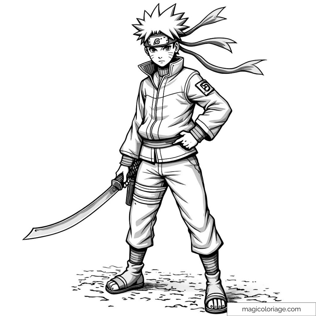 Dessin de Naruto en tenue guerrière avec sabre stylisé pour fans
