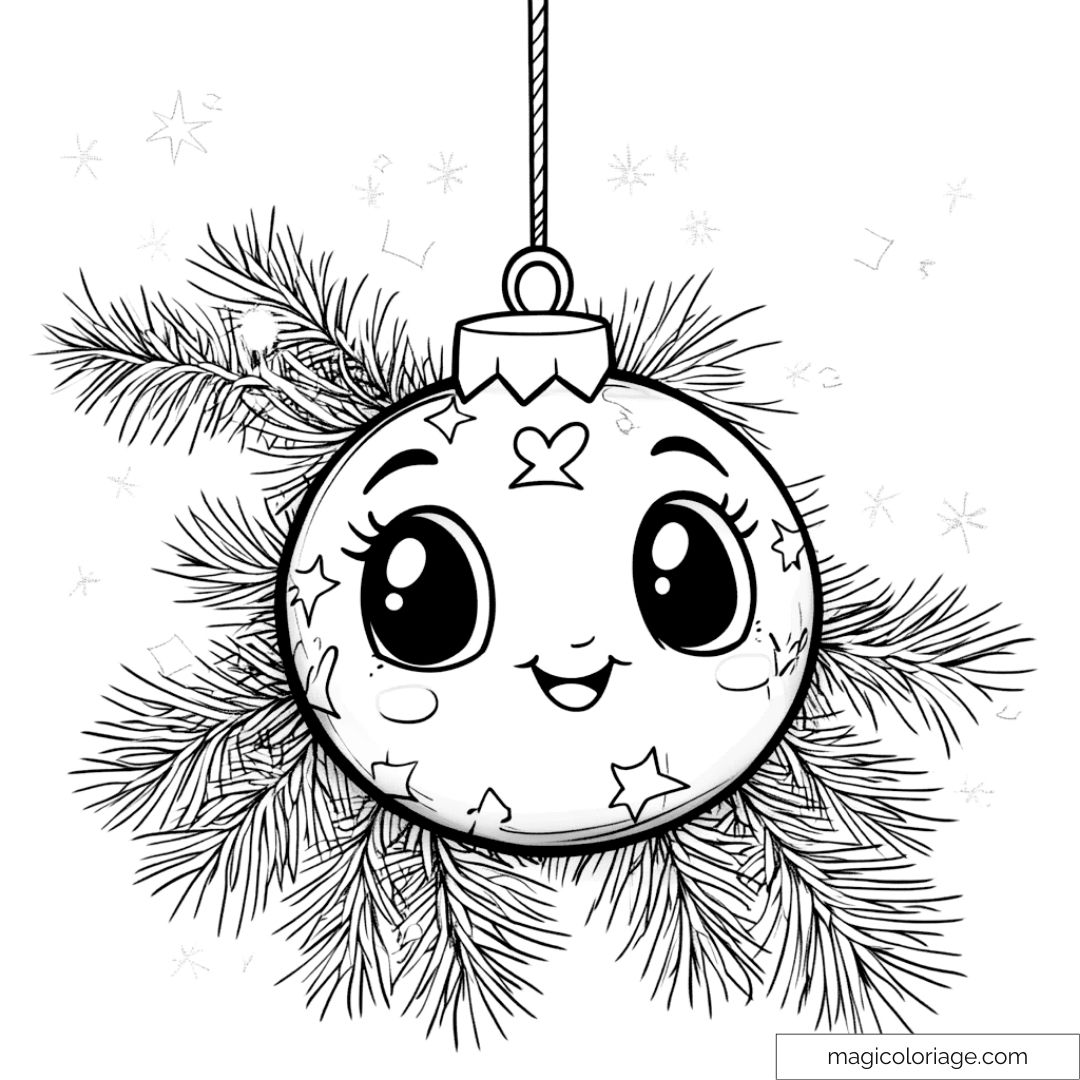 Boule de Noël souriante à colorier avec branchages et étoiles