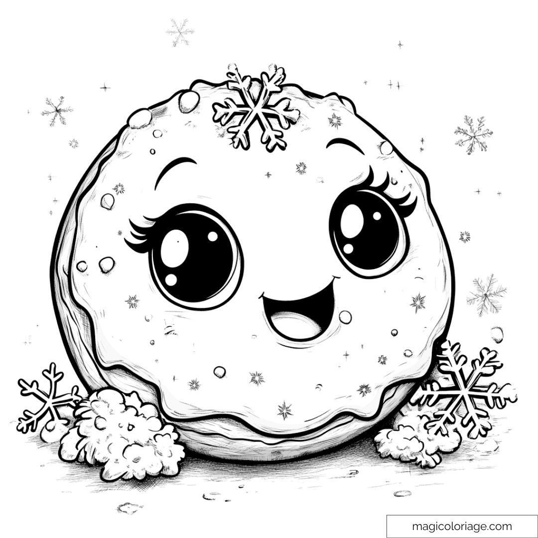Biscuit souriant à gros yeux avec flocons de neige