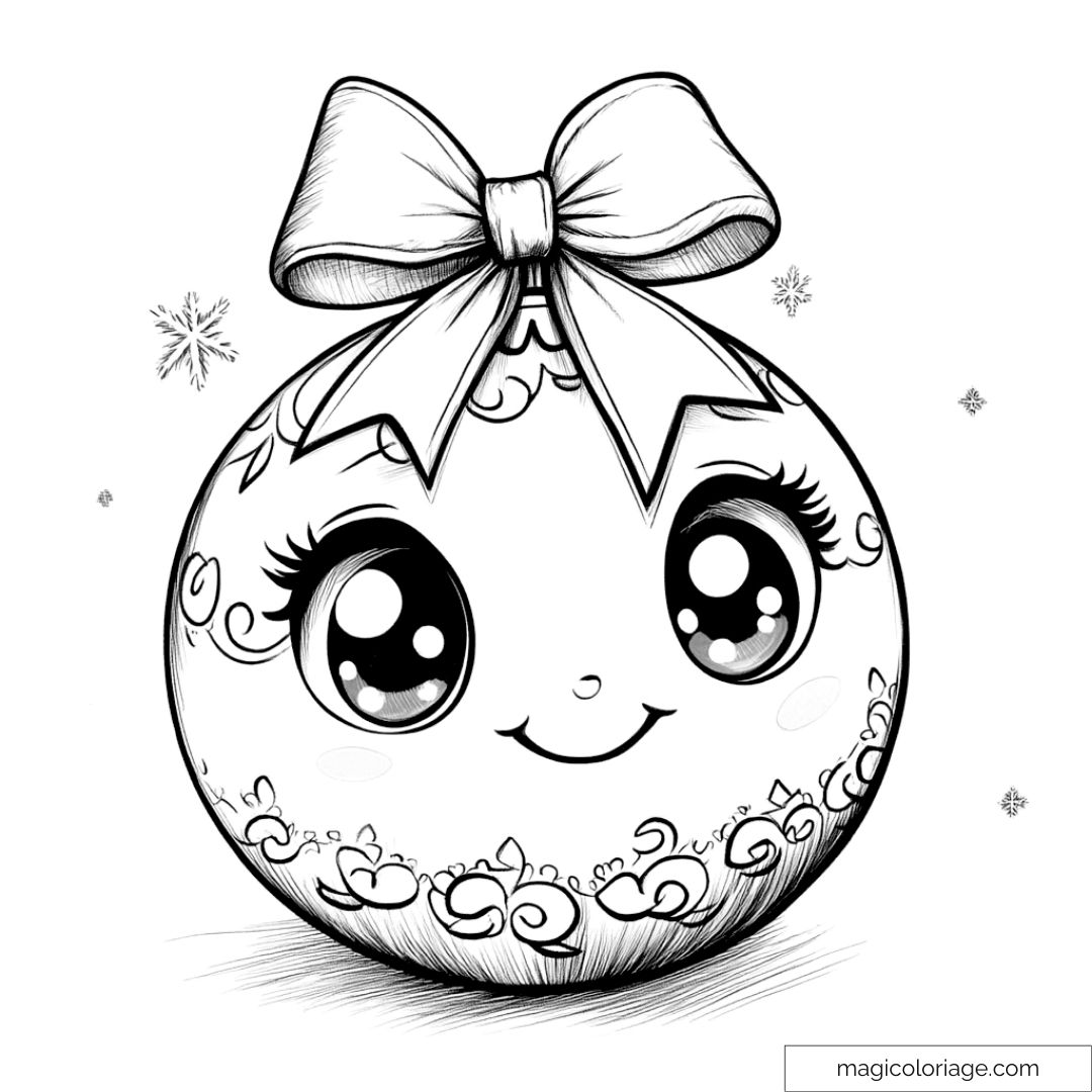Boule de Noël kawaii avec grand nœud et motifs festifs.