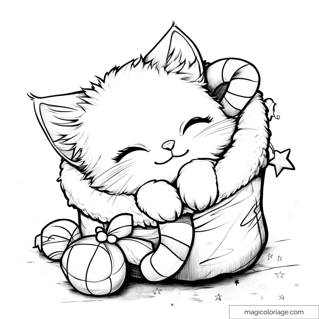 Chaton mignon dans un bas de Noël avec jouets et bonbons à colorier
