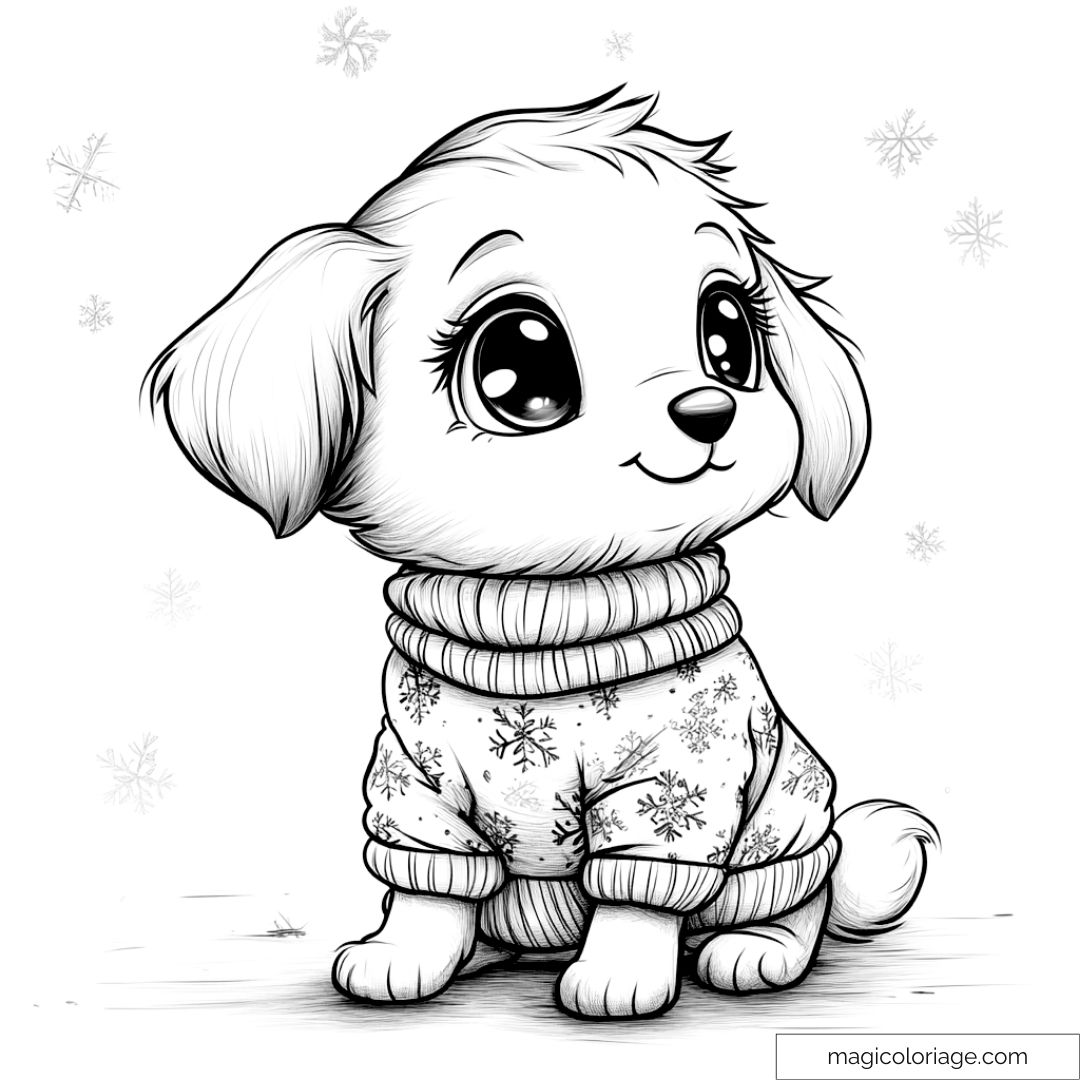 Dessin à colorier d'un chiot avec pull à motifs neige