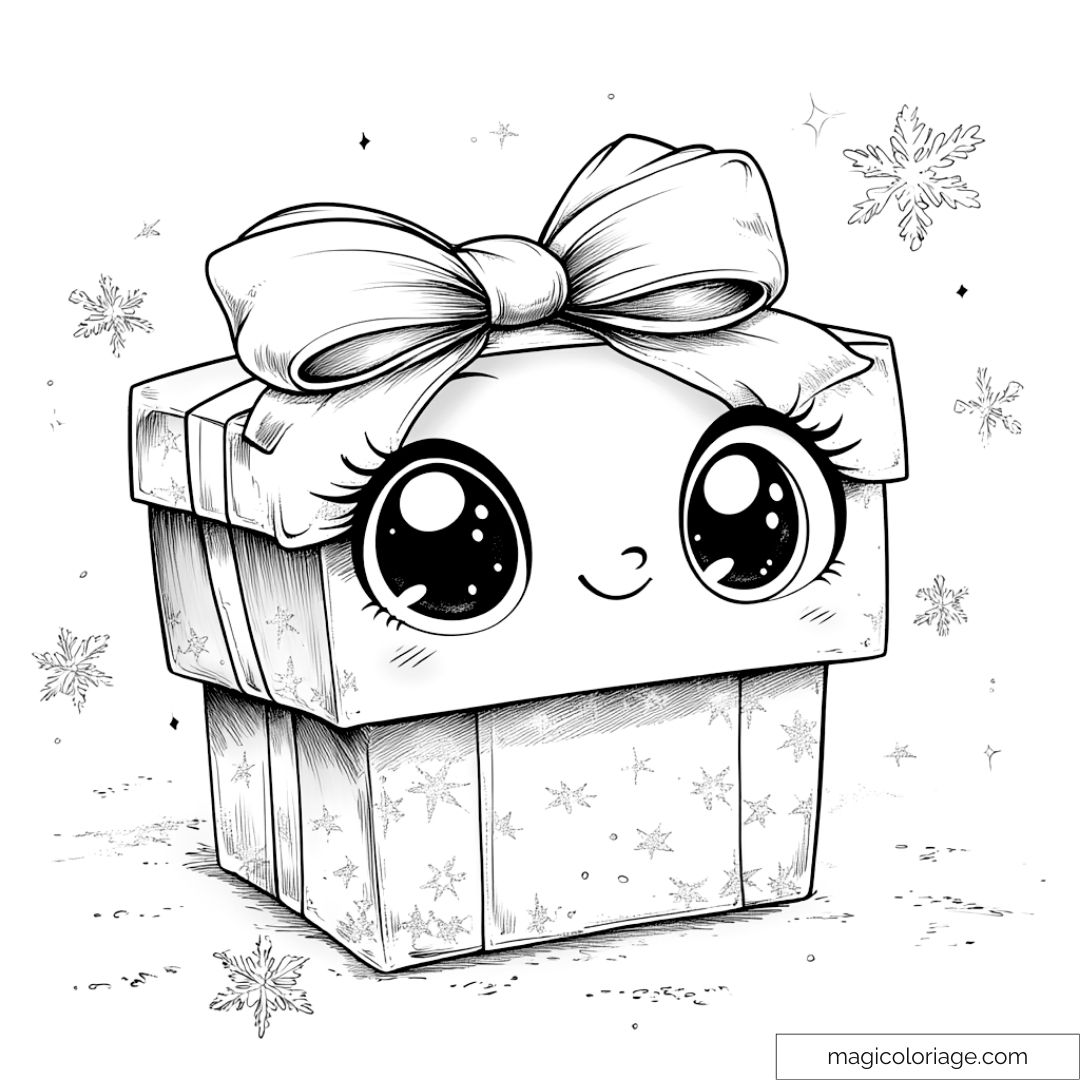 Coffret cadeau kawaii avec grand ruban et flocons de neige.