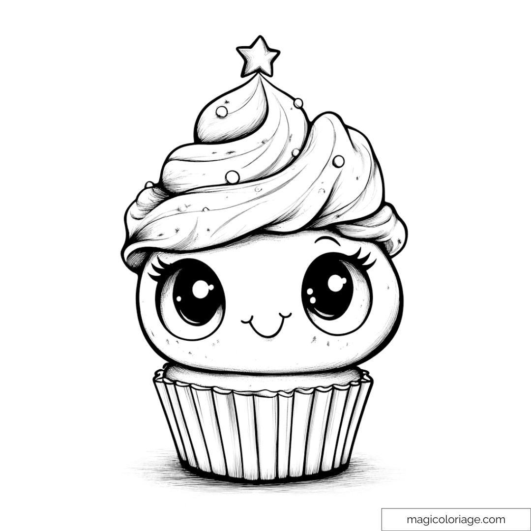 Dessin de cupcake kawaii avec visage mignon et étoile