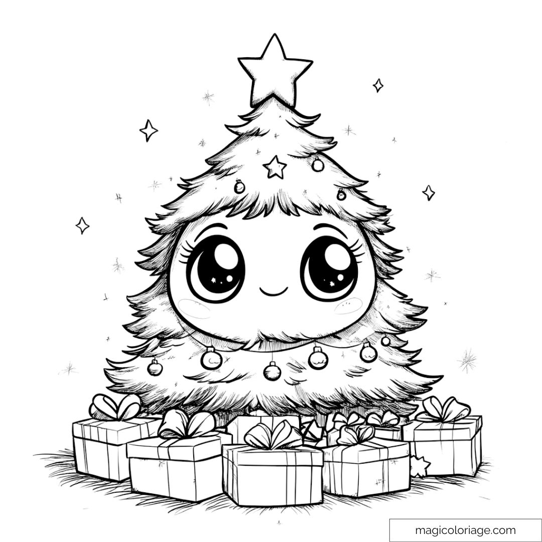 Dessin à colorier d'un sapin de Noël mignon avec cadeaux.