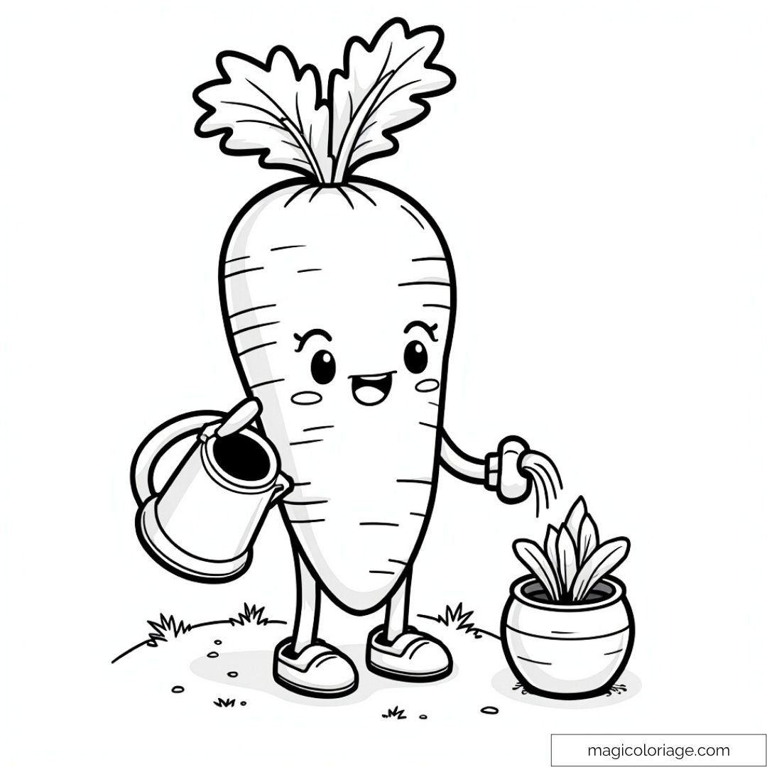 Carotte souriante de jardinage arrosant des plantes