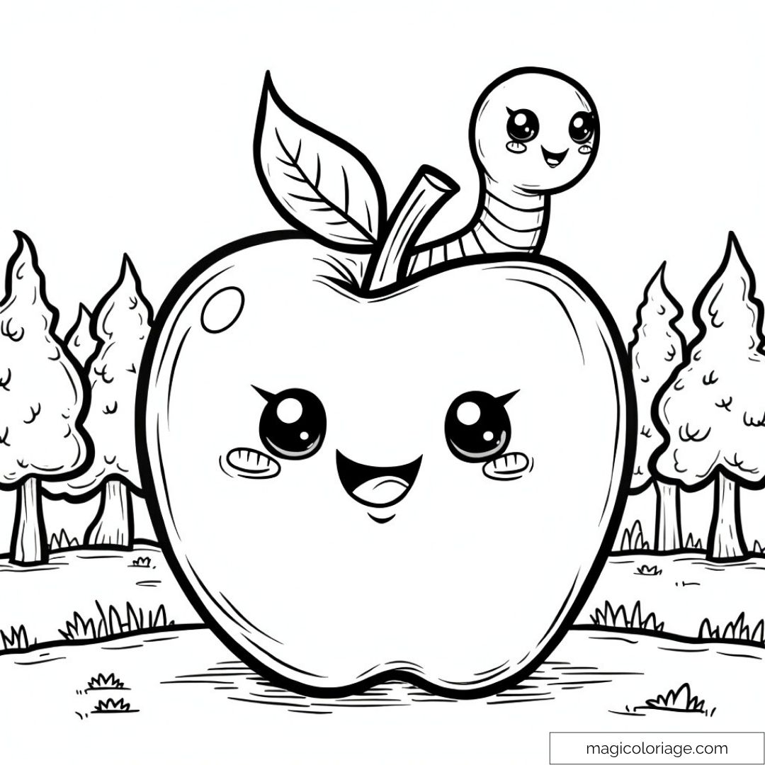 Pomme kawaii souriante avec ver dans un paysage de forêt.