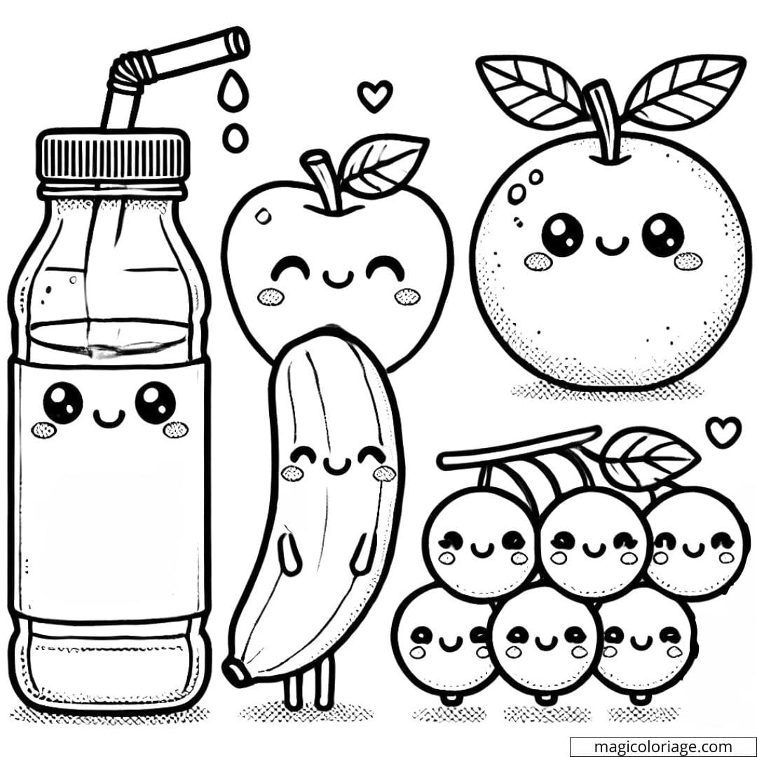 Dessin à colorier de bouteille de jus, pomme, banane, orange et raisin kawaii avec des sourires adorables, coloriage à imprimer pour enfants