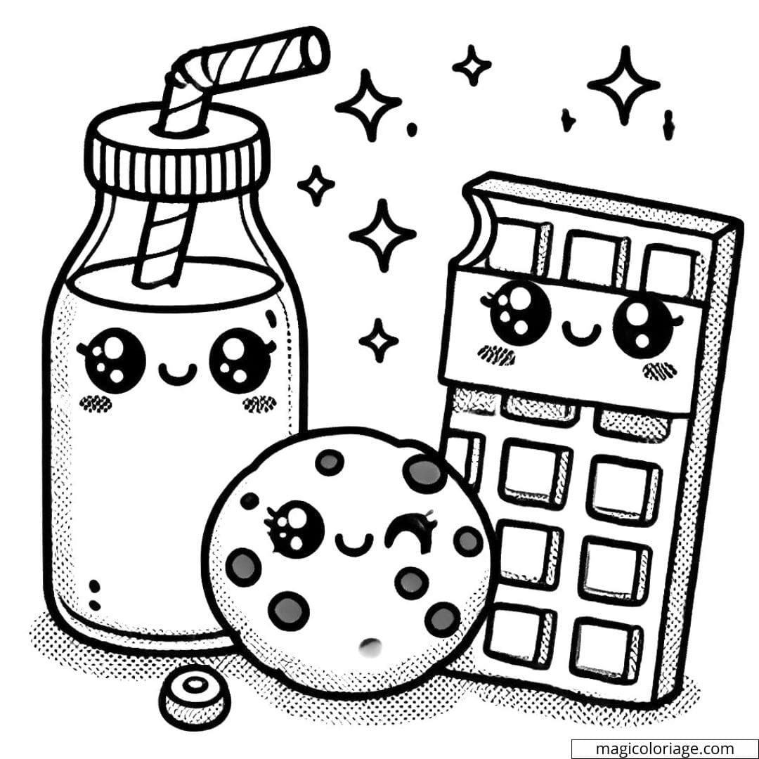 Coloriage d'une bouteille de lait, d'un cookie et d'un chocolat kawaii avec des yeux brillants, dessin à colorier pour enfants