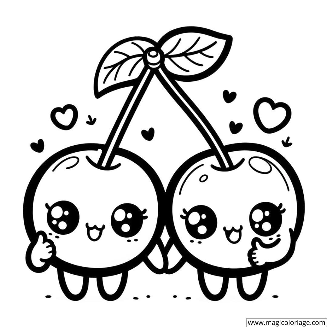 Dessin à colorier de deux cerises kawaii amies