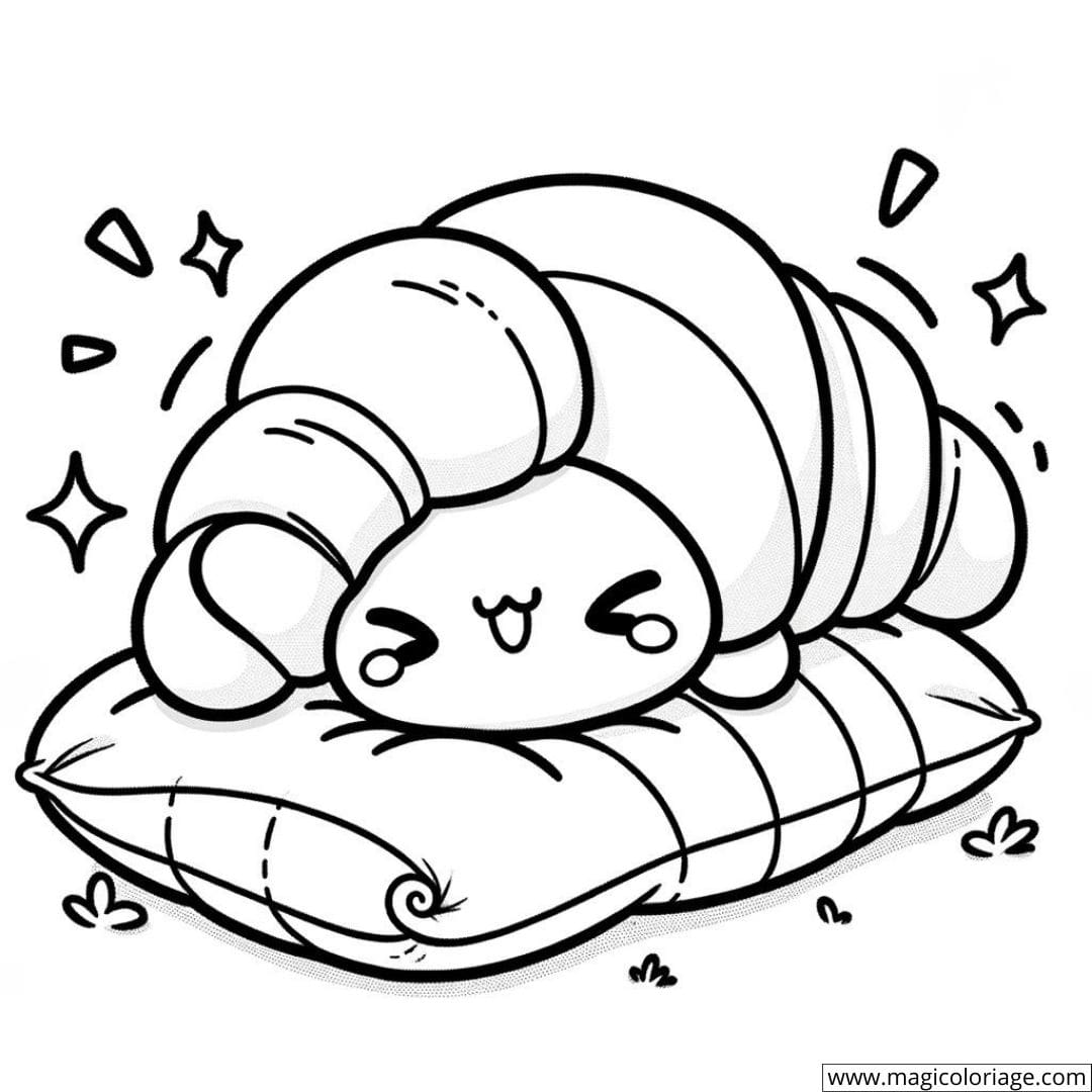 Dessin à colorier d'un croissant kawaii s'étirant au réveil