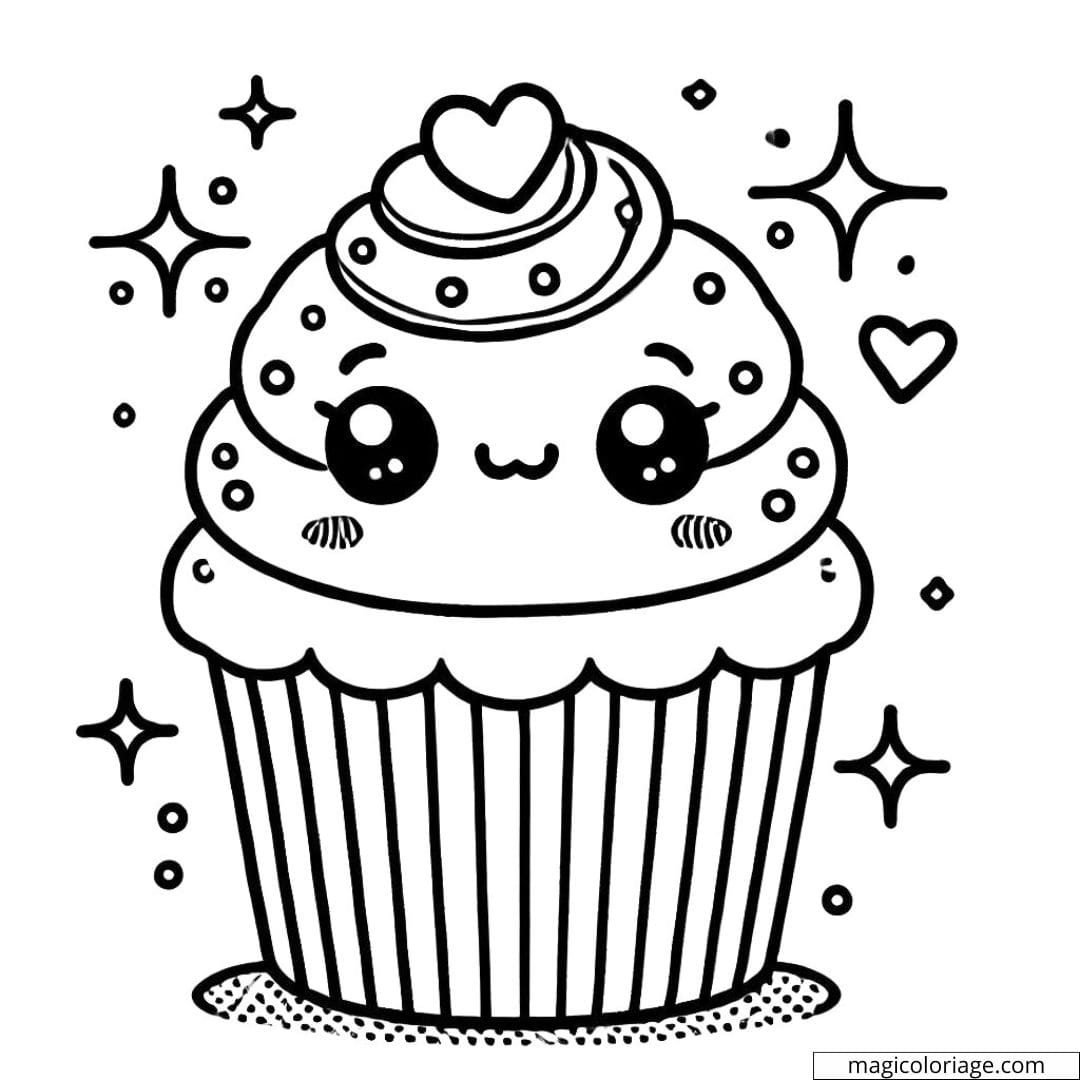 Dessin à colorier d'un cupcake kawaii avec des yeux brillants, coloriage à imprimer pour enfants