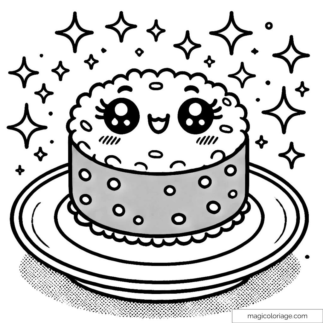 Gâteau kawaii souriant entouré d'étoiles brillantes sur une assiette