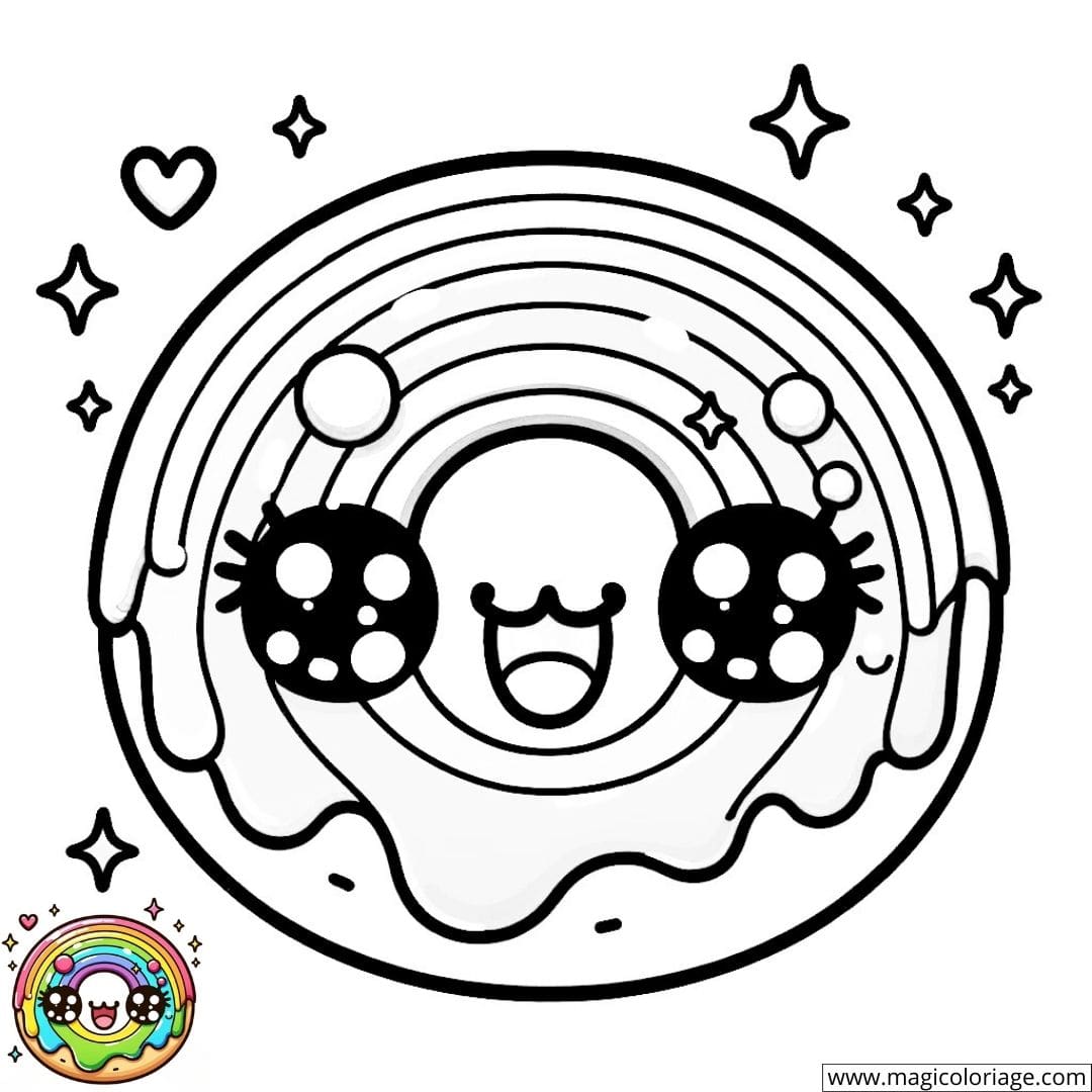 Dessin à colorier d'un donut kawaii avec glaçage arc-en-ciel