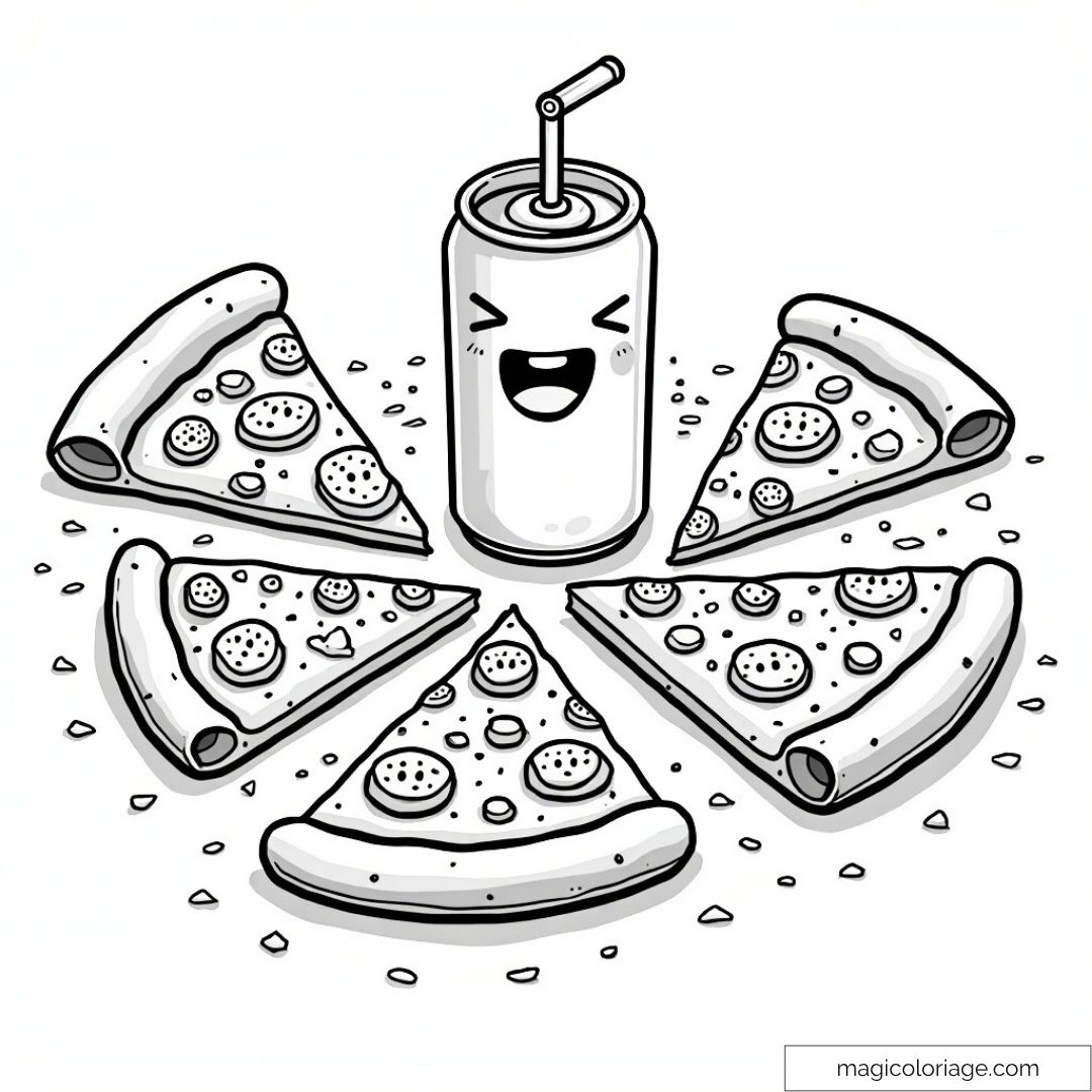 Dessin de pizza et boisson gaie à colorier