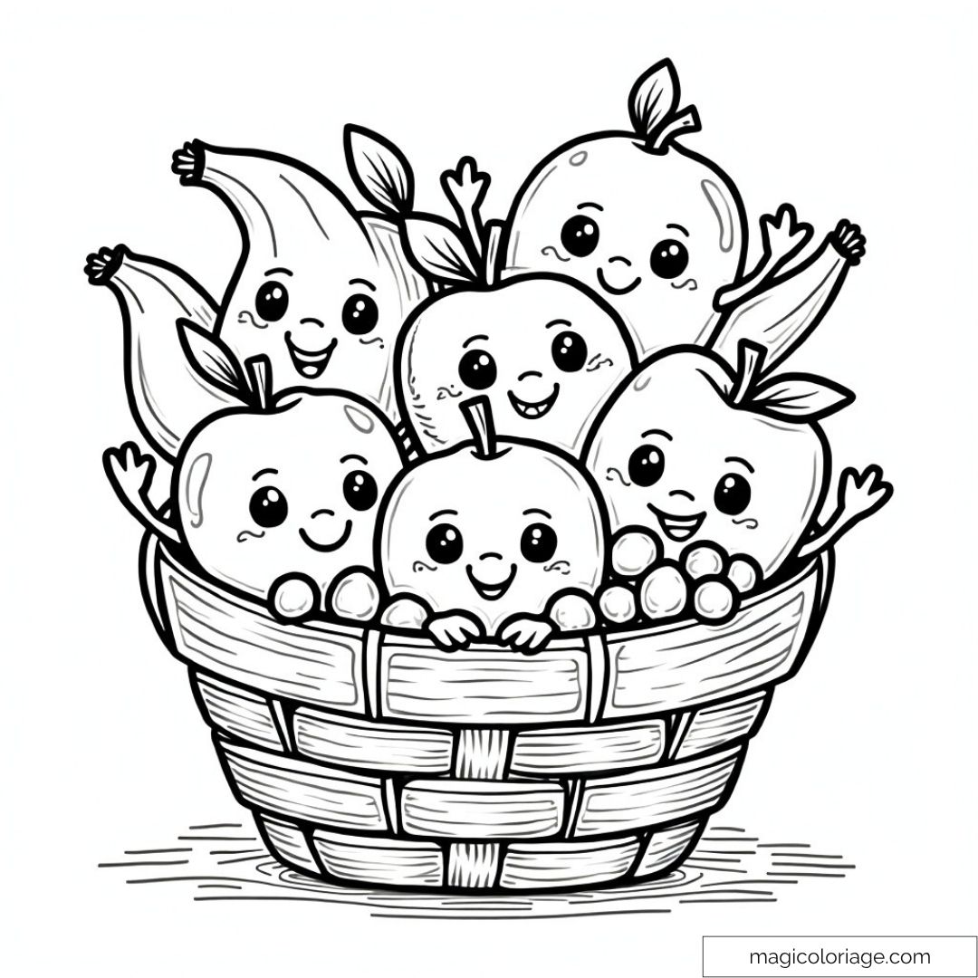 Dessin de fruits mignons dans un panier en bois avec visages souriants.