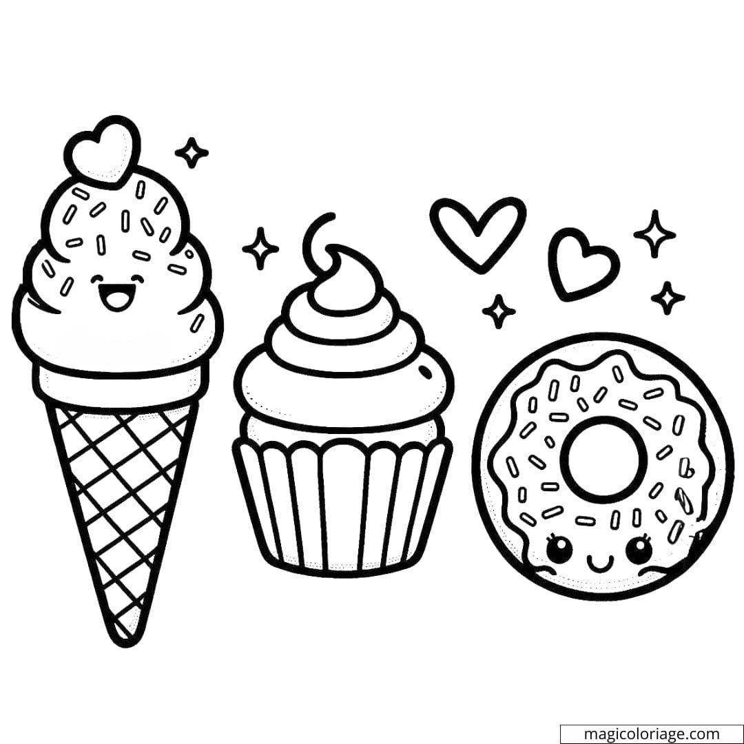Coloriage de glace, cupcake et donut kawaii à imprimer, dessin à colorier pour enfants