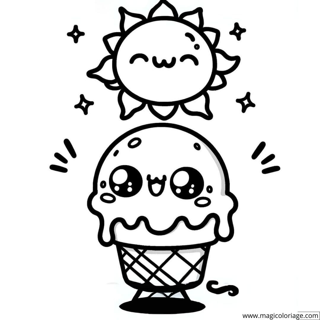 Dessin à colorier d'une glace kawaii et d'un soleil souriant