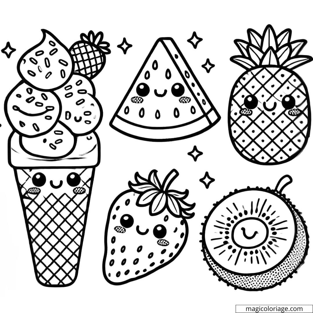 Coloriage de glace, pastèque, ananas, fraise et kiwi kawaii à imprimer, dessin à colorier pour enfants