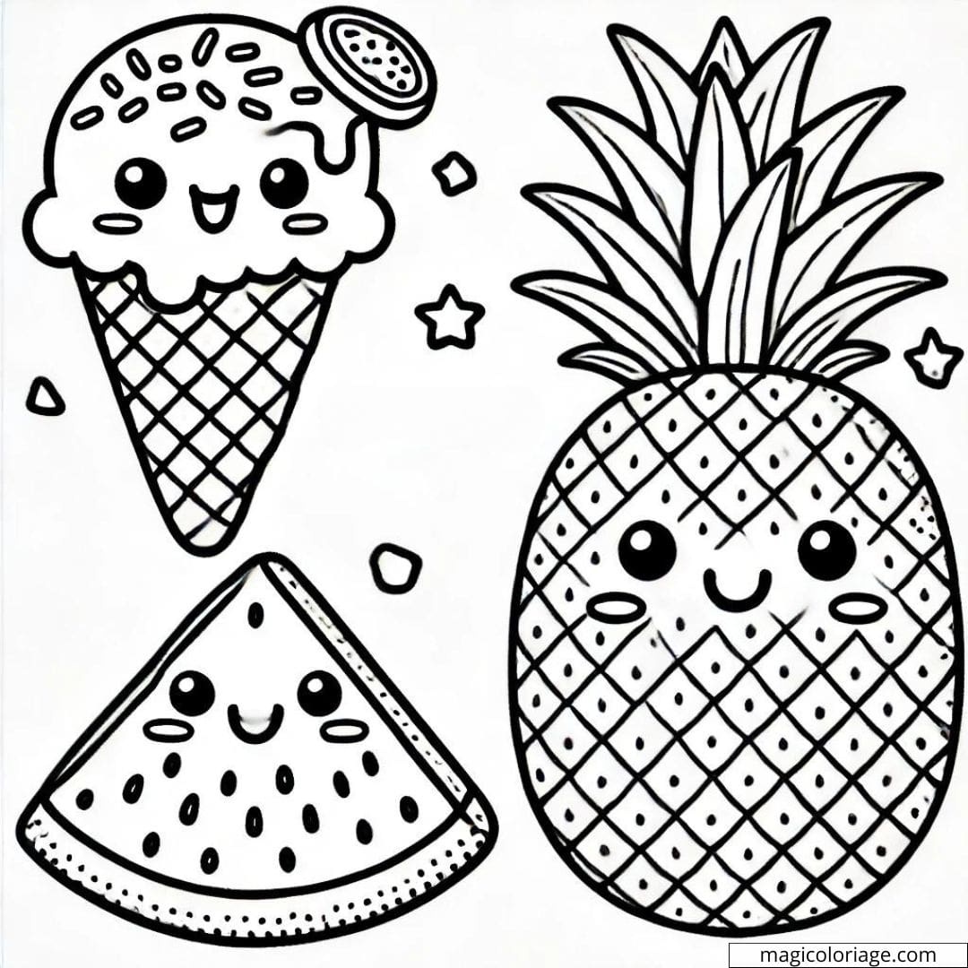 Coloriage de glace, pastèque et ananas kawaii à imprimer, dessin à colorier pour enfants